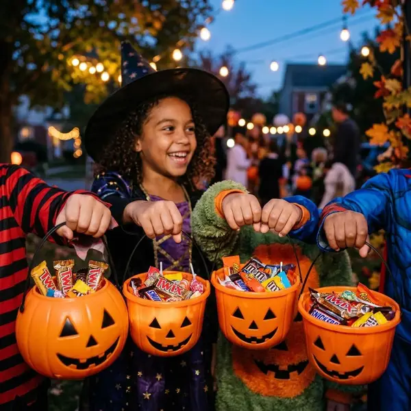 Children's hands holding pumpkin buckets full of individually wrapped candy