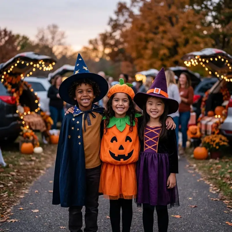 Three smiling children of different backgrounds in friendly costumes, a star wizard, a pumpkin and a witch, standing arm in arm among decorated trunks at dusk