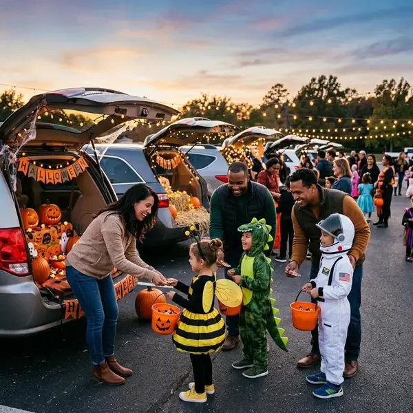 Decorated car trunks with pumpkins and string lights while smiling parents hand candy to children in costumes